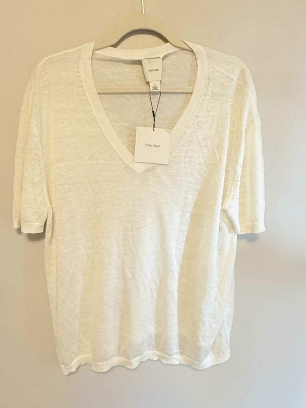 Calvin Klein Lux Linen V Neck Top Sweet Corn M NWT $109